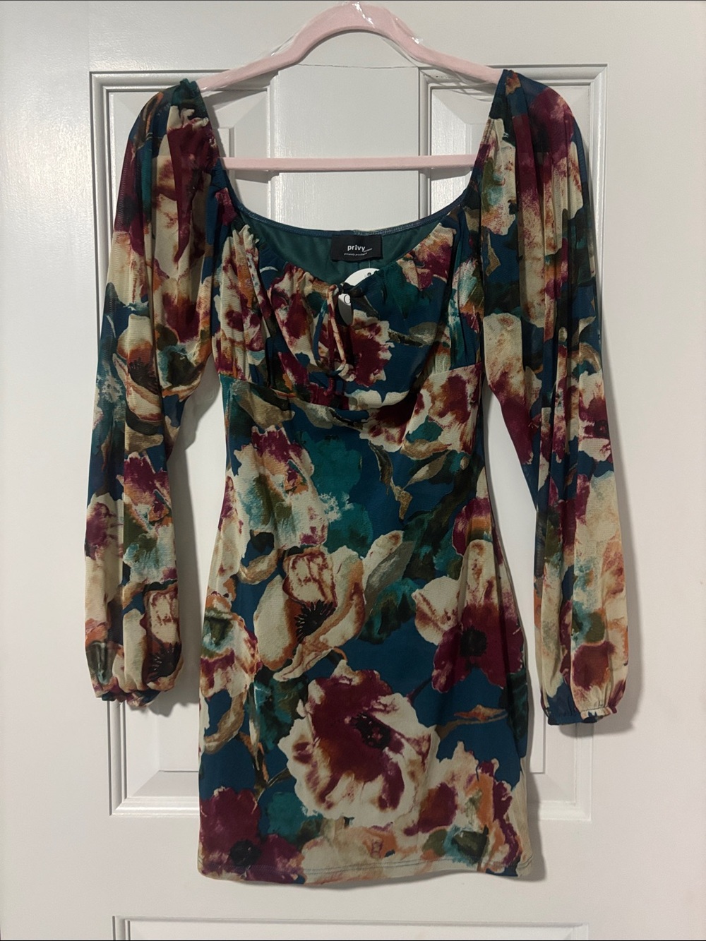 Floral Long-Sleeve Mini Dress in Teal and Burgundy